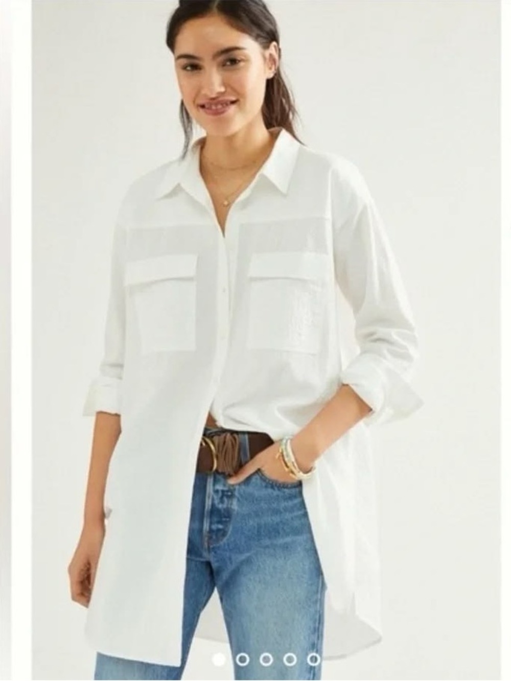 Maeve by Anthropologie Textured Tunic White Cotton Button Down Tunic Shirt Large